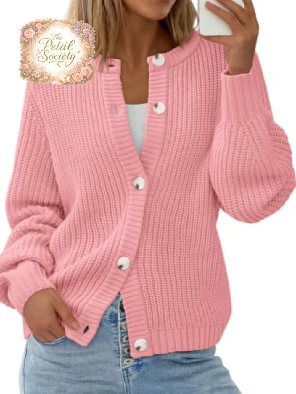 Chunky Knit Button Up Cardigan Crewneck Long Sleeve Ribbed Sweater